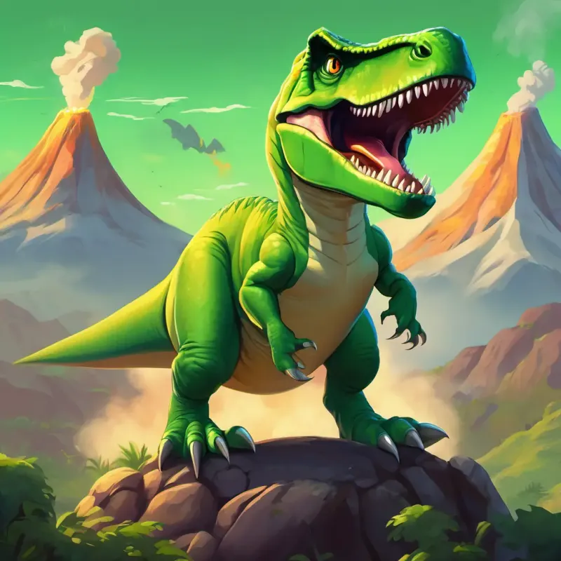 Green T-Rex, big head, tiny arms, wearing a friendly smile, a green T-Rex, with a big head and tiny arms, standing near a large, smoking volcano.