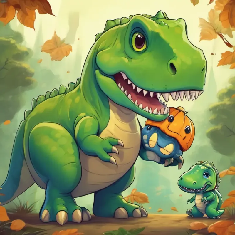 Green T-Rex, big head, tiny arms, wearing a friendly smile, with a kind smile, holding a small baby dinosaur who has blue skin and big, teary eyes.