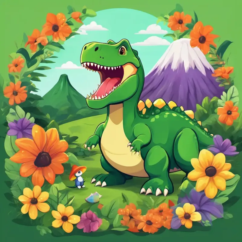 Green T-Rex, big head, tiny arms, wearing a friendly smile and the baby dinosaur sitting near the volcano, surrounded by lush green trees and colorful flowers.