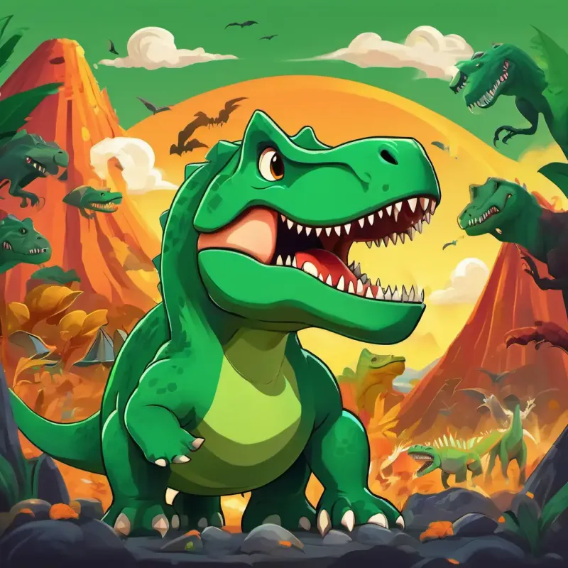 Green T-Rex, big head, tiny arms, wearing a friendly smile, surrounded by dinosaurs of various shapes and sizes, standing near the roaring and bright volcano.
