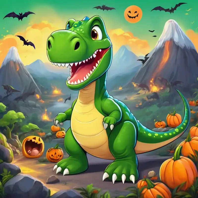 Green T-Rex, big head, tiny arms, wearing a friendly smile, the baby dinosaur, and all the other dinosaurs having fun near the lively volcano, with smiles on their faces.