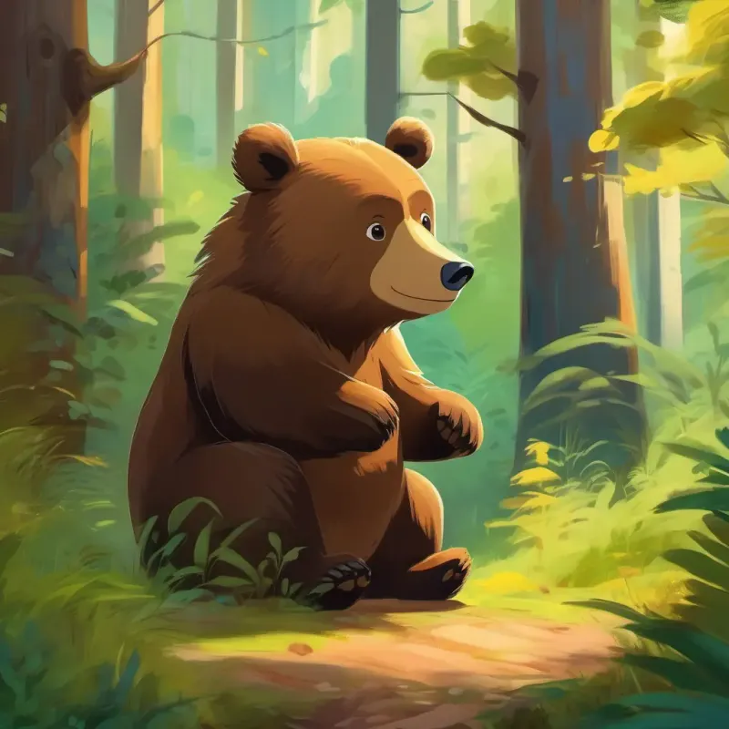 Forest setting; young bear learning languages.