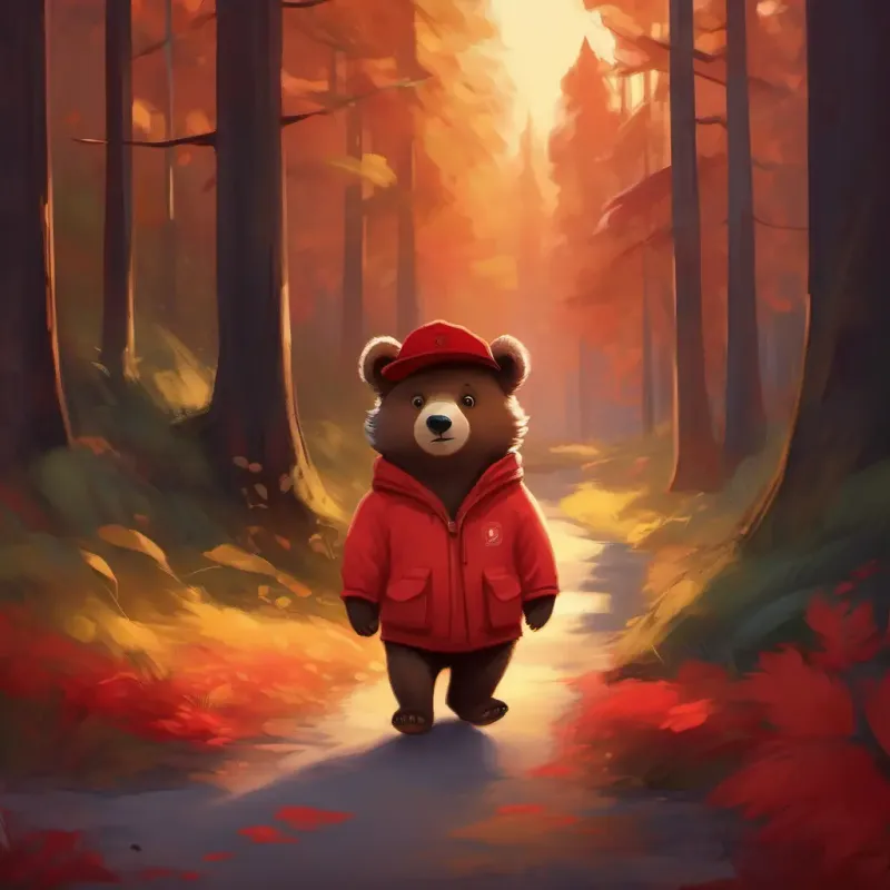 Introduction of Young bear, dark fur, warm brown eyes, red hat, the curious bear.