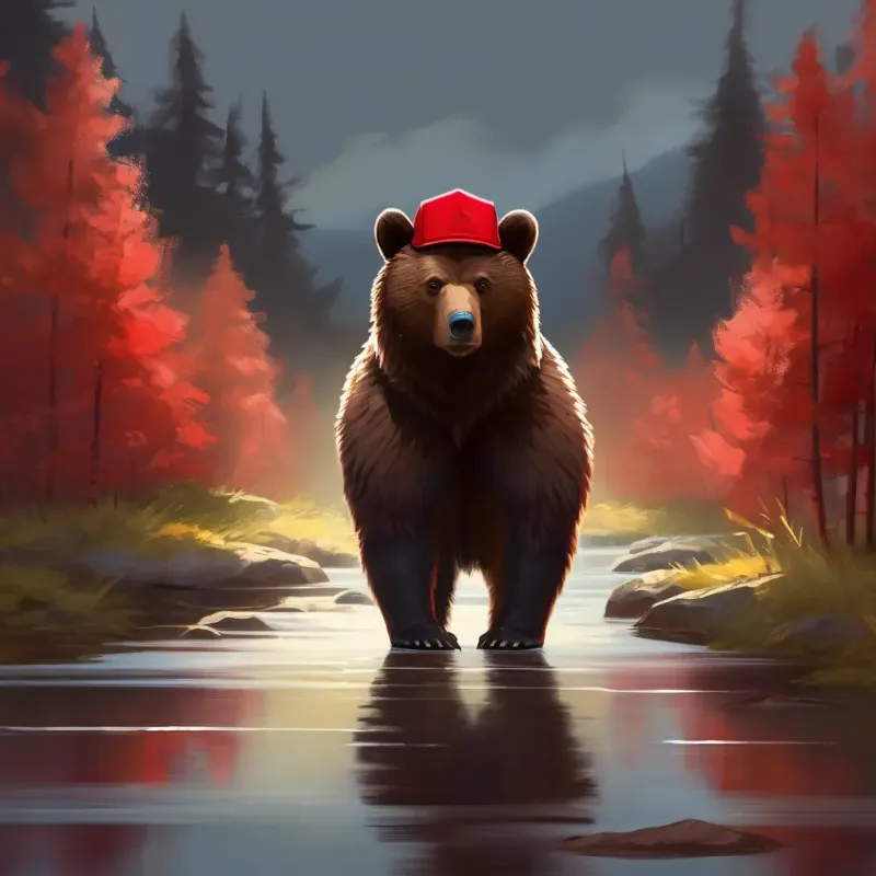 Young bear, dark fur, warm brown eyes, red hat's new reputation.