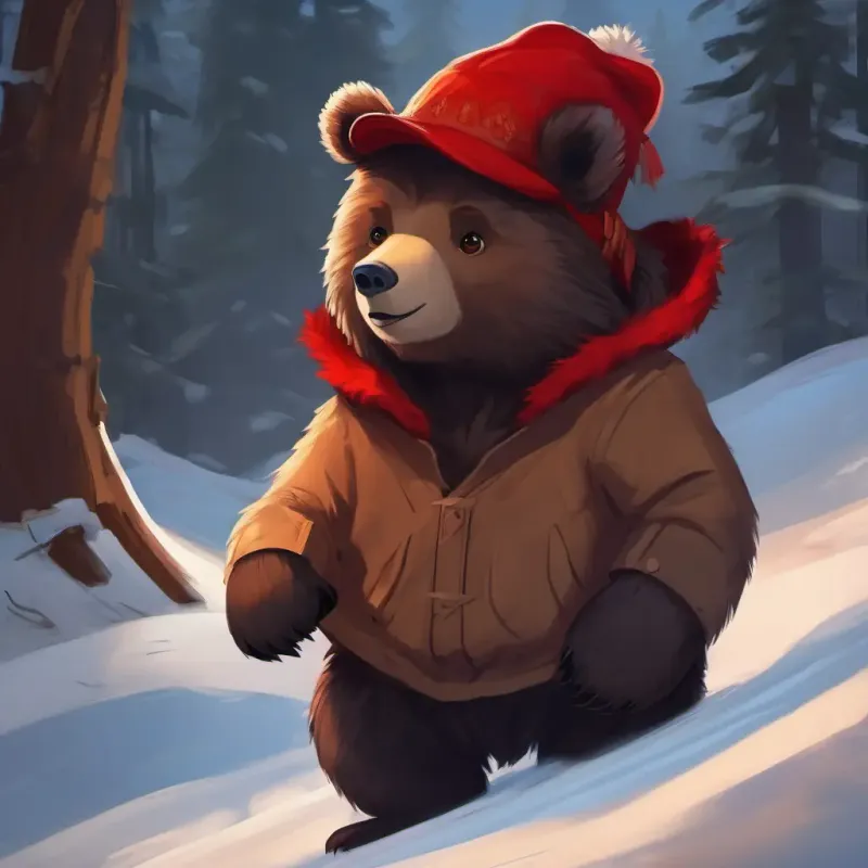 Young bear, dark fur, warm brown eyes, red hat's ongoing adventures.