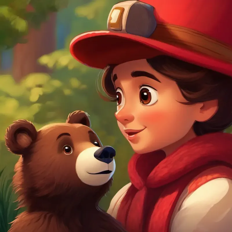 Young bear, dark fur, warm brown eyes, red hat speaking Spanish with Aunt Lucy.
