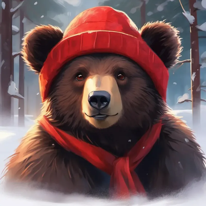 Young bear, dark fur, warm brown eyes, red hat's joy in practicing greetings.