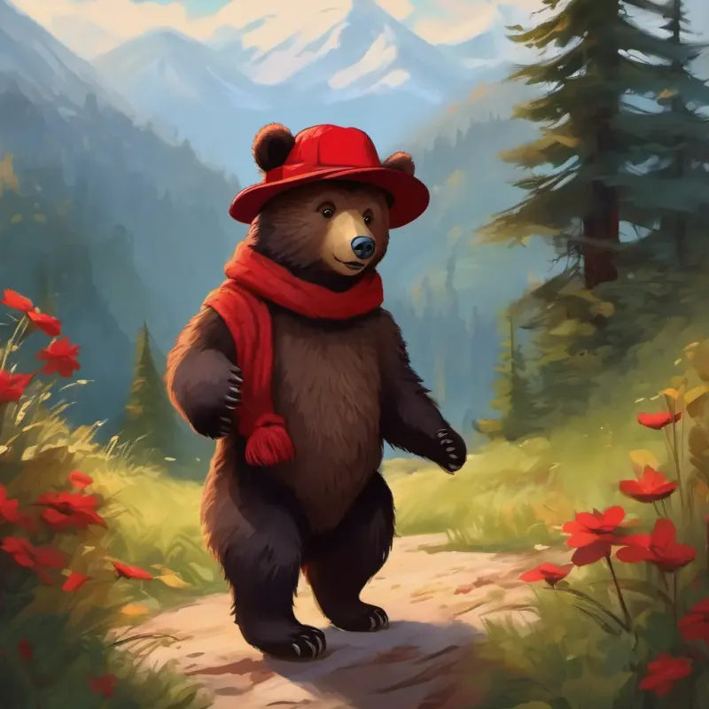 Young bear, dark fur, warm brown eyes, red hat finds a lost object.