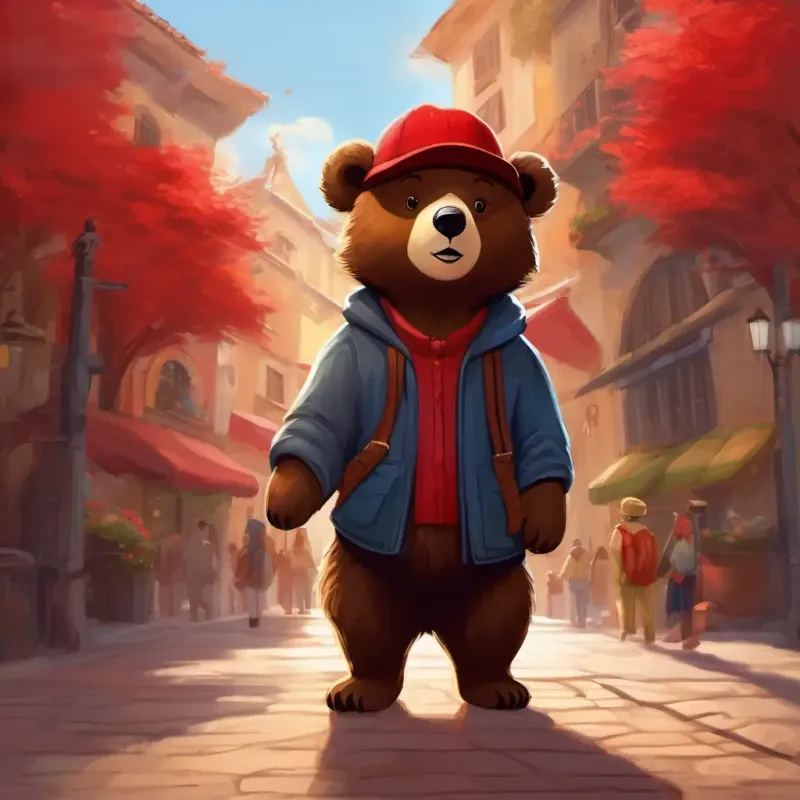 Young bear, dark fur, warm brown eyes, red hat asking people about the hat in Spanish.