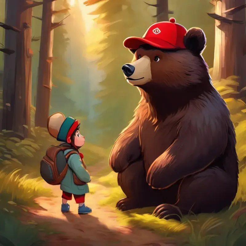 Young bear, dark fur, warm brown eyes, red hat finding the hat's owner.