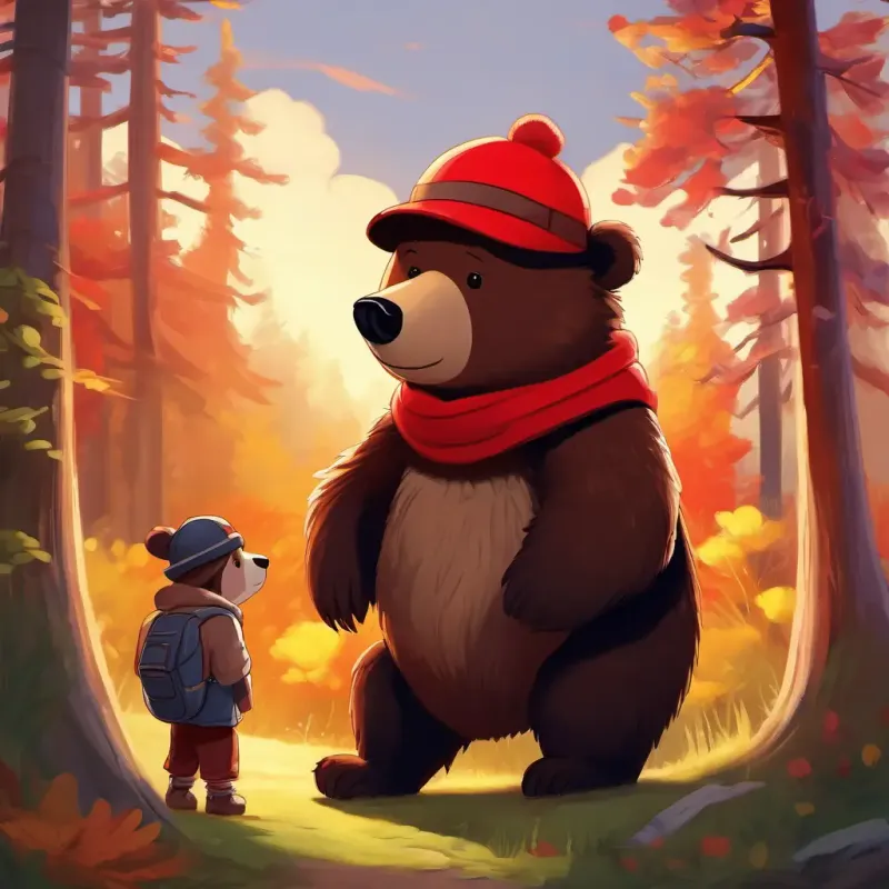 Tourist thankful to Young bear, dark fur, warm brown eyes, red hat.