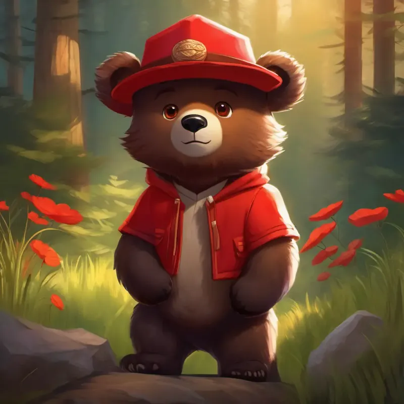 Young bear, dark fur, warm brown eyes, red hat feeling proud of his bilingual ability.