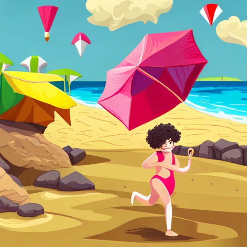 Curly-haired girl wearing a pink swimsuit, holding a colorful beach towel runs on beach, colorful umbrellas and sandcastles