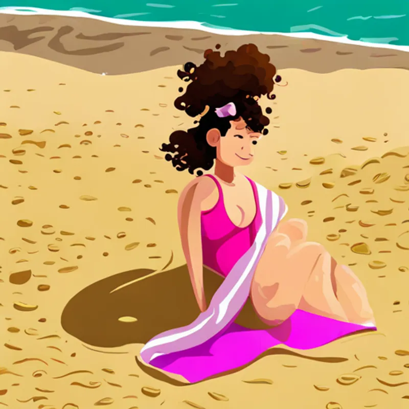 Curly-haired girl wearing a pink swimsuit, holding a colorful beach towel sinks into the sand up to her knees