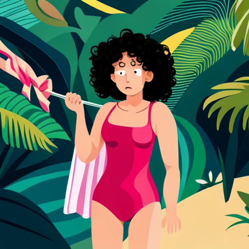 Curly-haired girl wearing a pink swimsuit, holding a colorful beach towel looks scared and tears fill her eyes