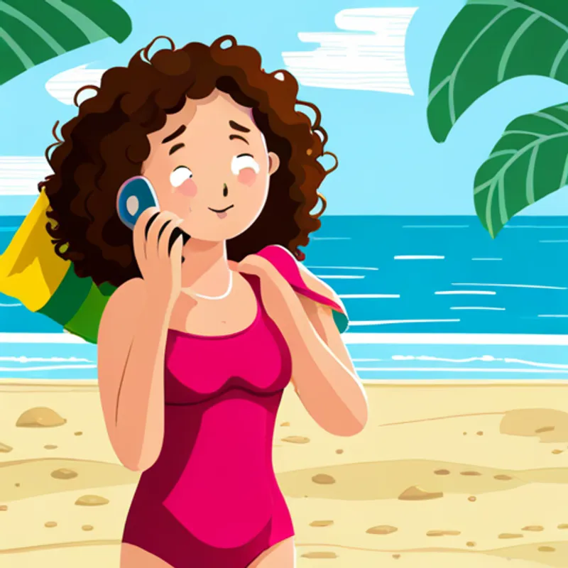 Curly-haired girl wearing a pink swimsuit, holding a colorful beach towel hears mom's voice, looks relieved