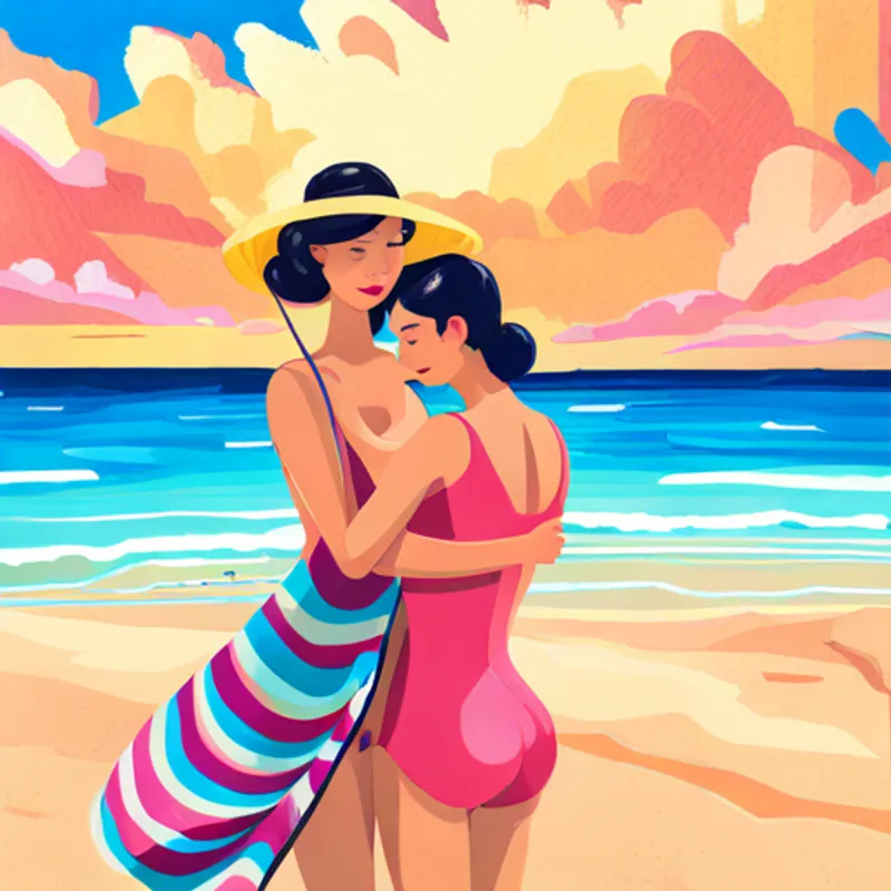 Brunette woman with a wide-brimmed hat and a beach bag digs Curly-haired girl wearing a pink swimsuit, holding a colorful beach towel out of the sand, they hug