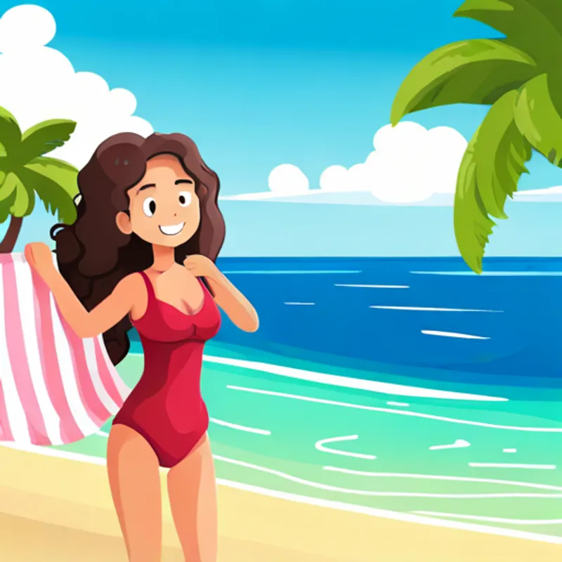 The beach is still beautiful, Curly-haired girl wearing a pink swimsuit, holding a colorful beach towel feels grateful