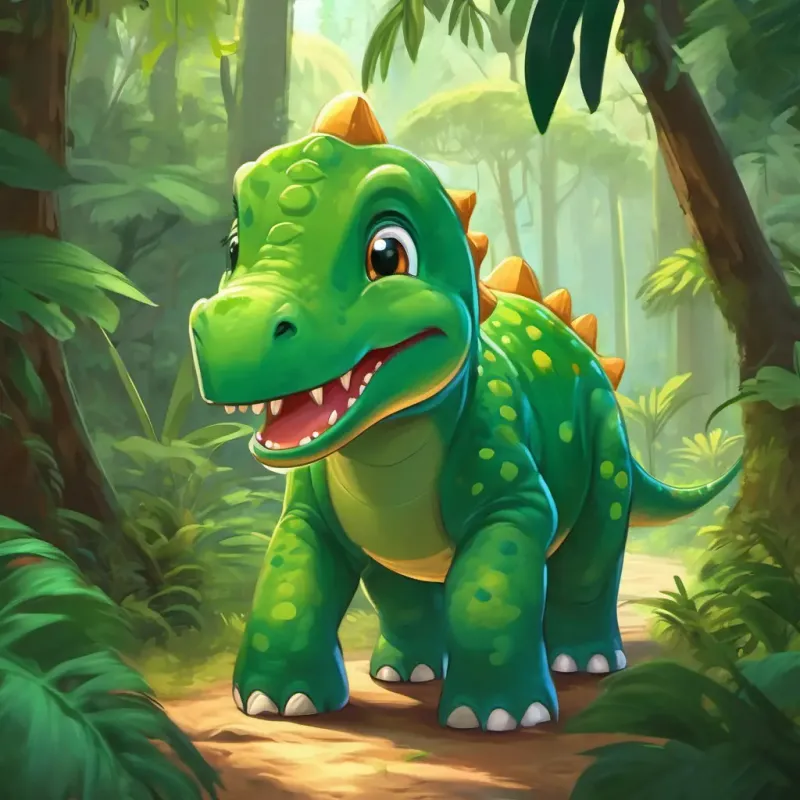 Big green dinosaur with a friendly smile walking through the jungle. Spots baby elephant Ella.