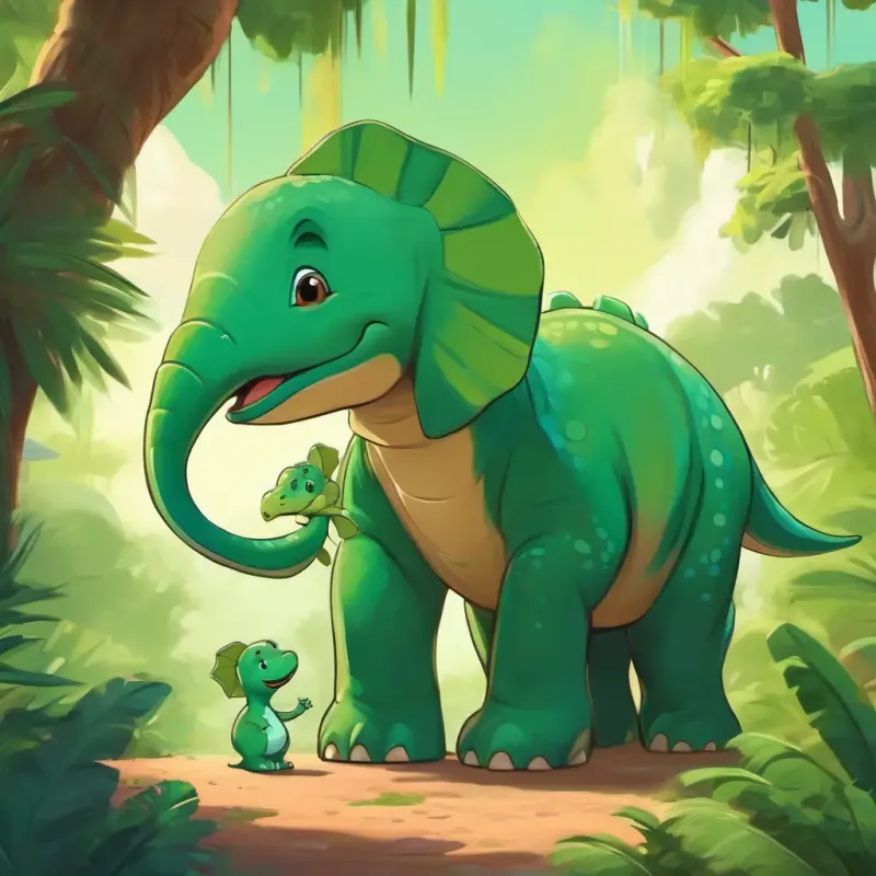 Big green dinosaur with a friendly smile looking down at baby elephant Ella. They're talking to each other.