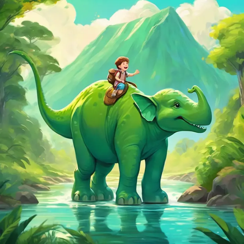 Big green dinosaur with a friendly smile and baby elephant Ella holding hands as they cross a river.