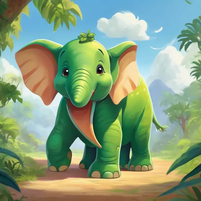 Baby elephant Ella reunited with her family. Big green dinosaur with a friendly smile and Ella hugging each other.