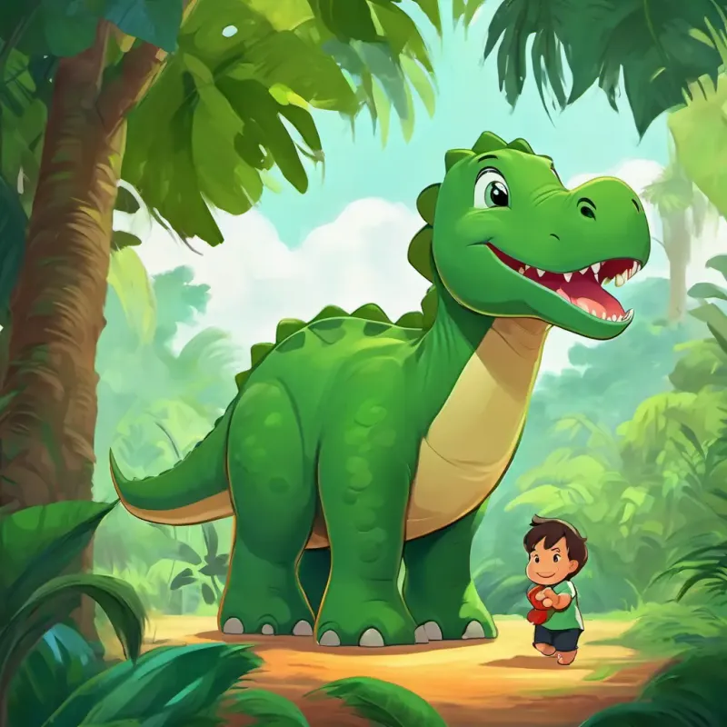 Big green dinosaur with a friendly smile and baby elephant Ella playing together in the jungle.