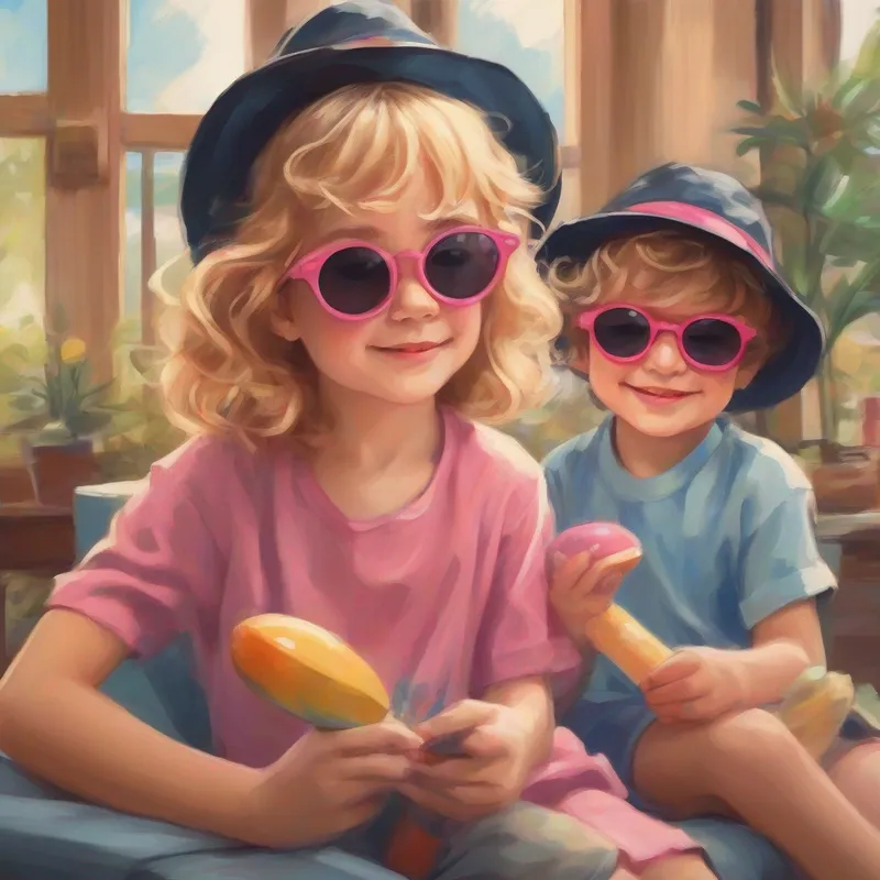 Big sister with blonde hair and pink sunglasses and Little brother with curly black hair and blue hat smiling, getting ready for the day