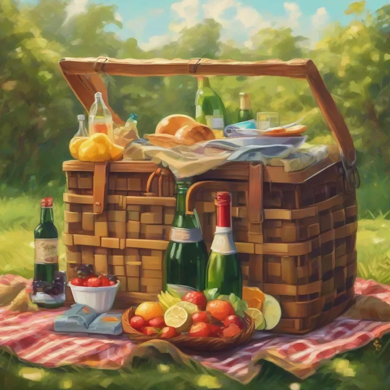 Picnic basket filled with food and drinks