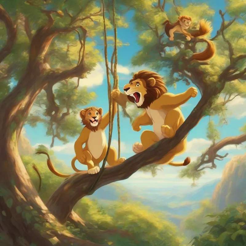 Lion roaring and monkey swinging from branch