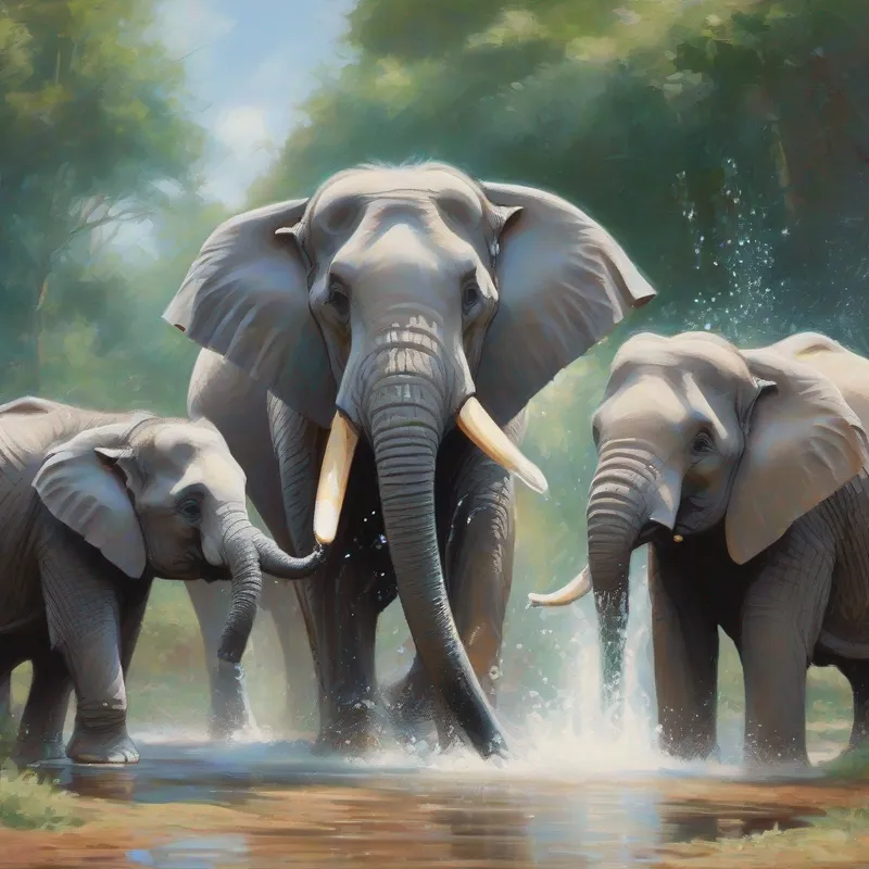 Elephants spraying water from their trunks