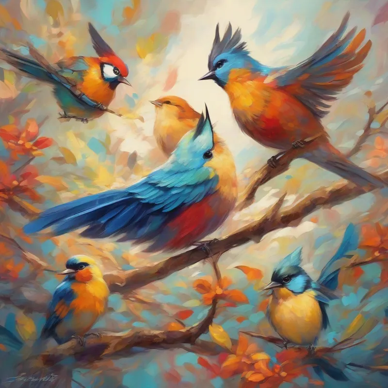 Colorful birds with vibrant feathers, flying and singing