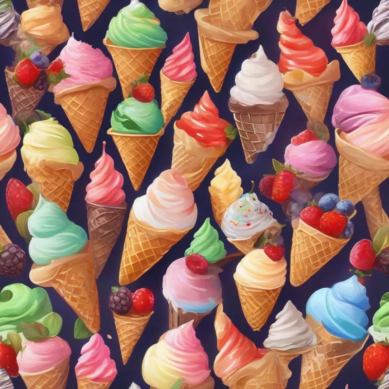 Ice cream cones with different flavors and colorful toppings