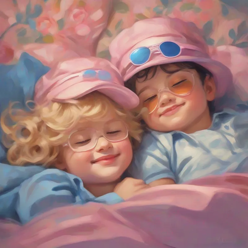 Big sister with blonde hair and pink sunglasses and Little brother with curly black hair and blue hat sleeping with smiles on their faces