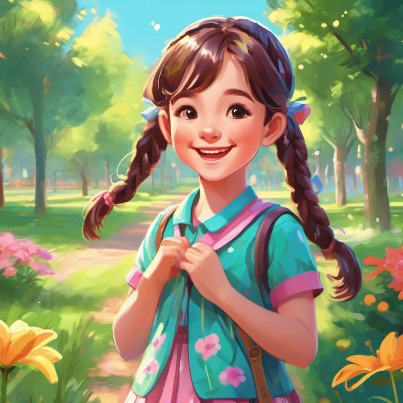 Lily, a smiling girl with pigtails, wearing colorful clothes, a smiling girl with pigtails, playing in the park