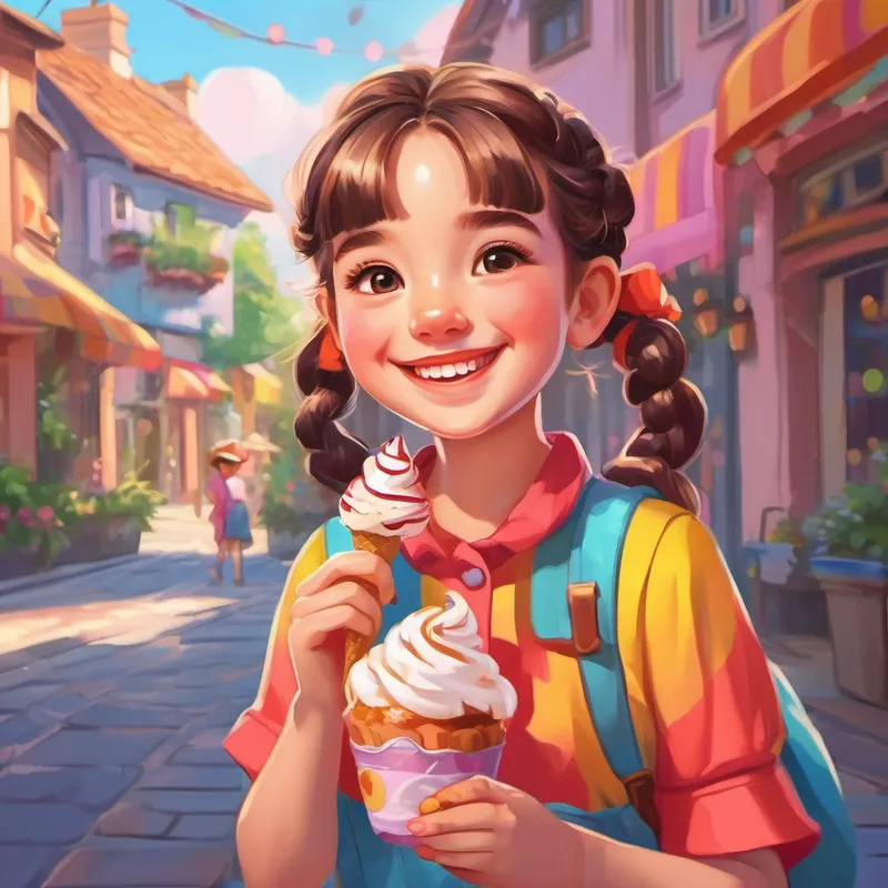 Lily, a smiling girl with pigtails, wearing colorful clothes smiling and eating ice cream and cake
