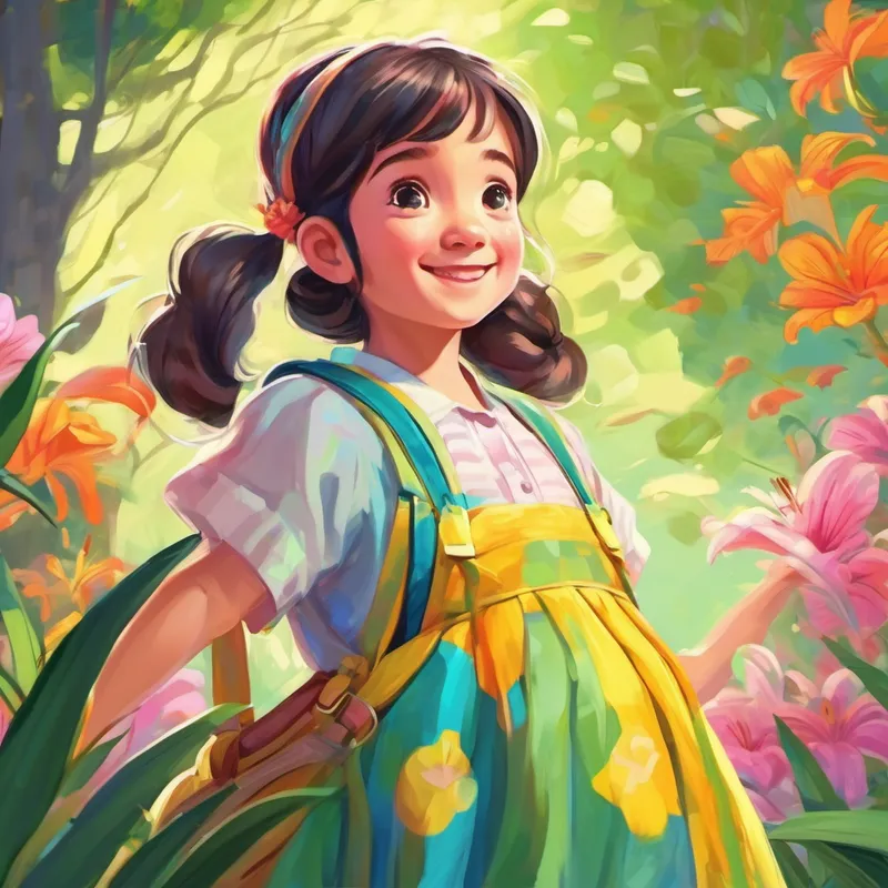Lily, a smiling girl with pigtails, wearing colorful clothes looking at her growing belly in amazement