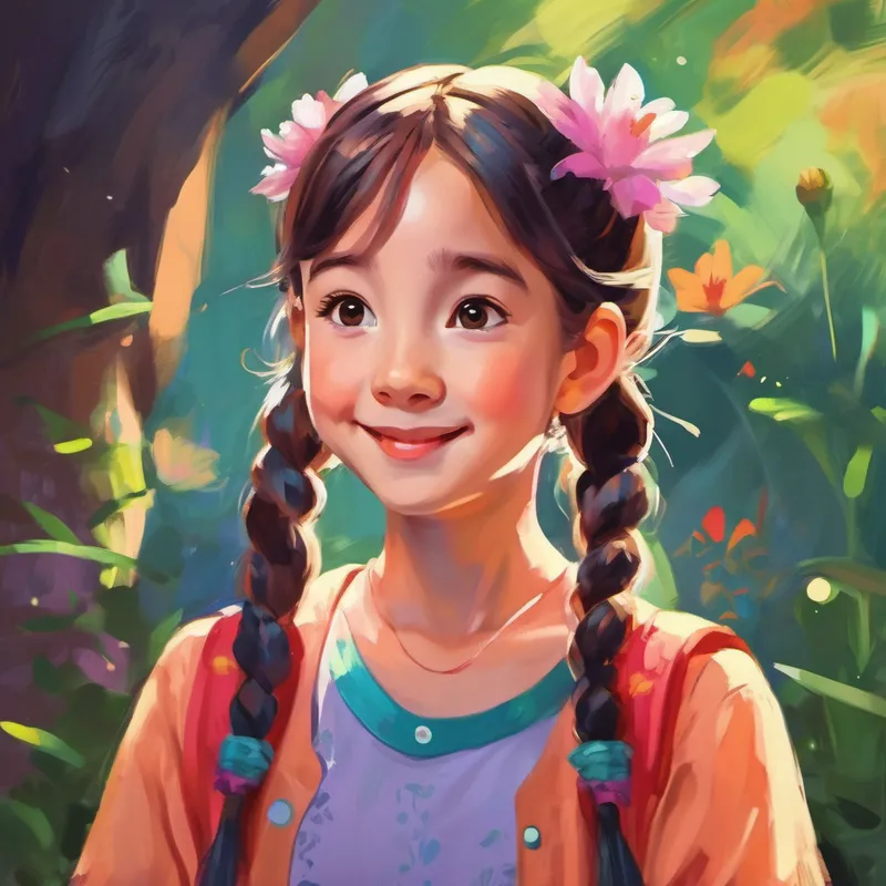 Lily, a smiling girl with pigtails, wearing colorful clothes talking to her mom with a serious expression