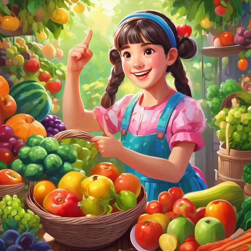 Lily, a smiling girl with pigtails, wearing colorful clothes's mom pointing at healthy fruits and vegetables