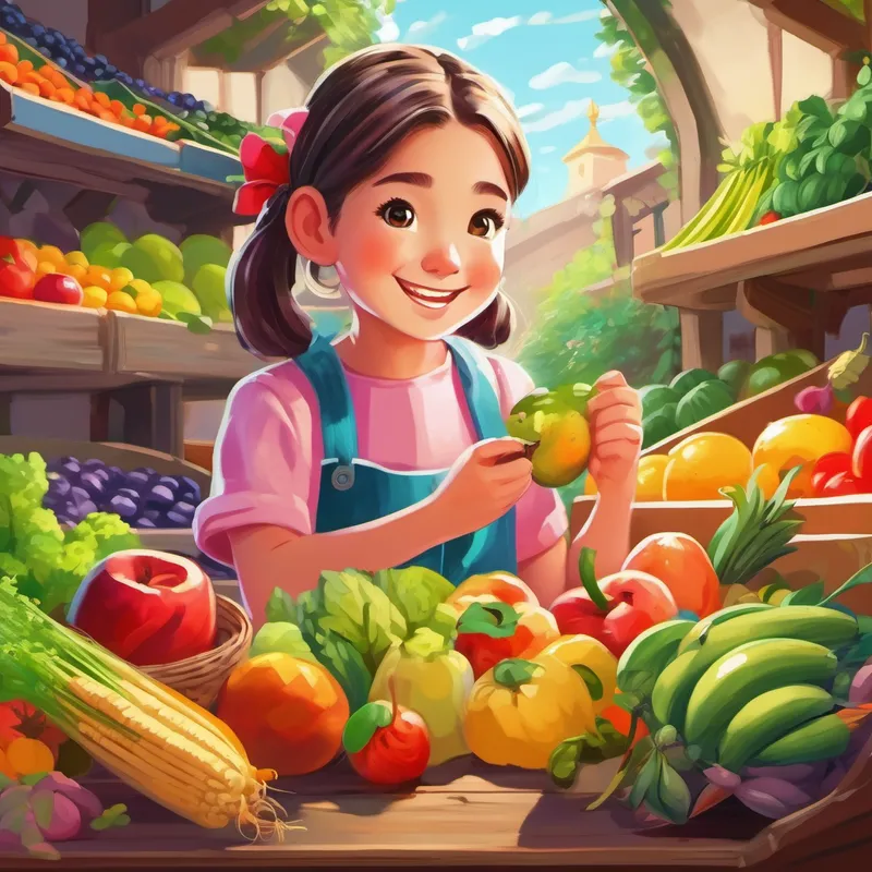 Lily, a smiling girl with pigtails, wearing colorful clothes happily choosing fruits, vegetables, and whole grains
