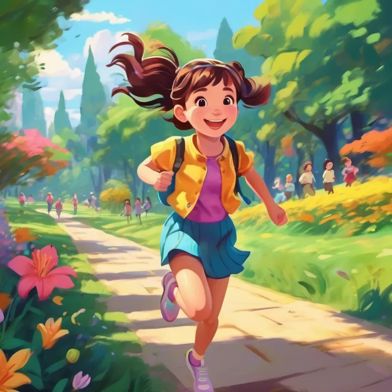 Lily, a smiling girl with pigtails, wearing colorful clothes running and jumping with friends in the park