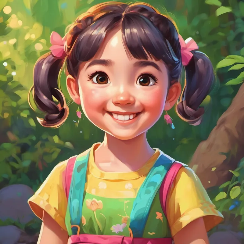 Lily, a smiling girl with pigtails, wearing colorful clothes proudly looking at her shrinking belly