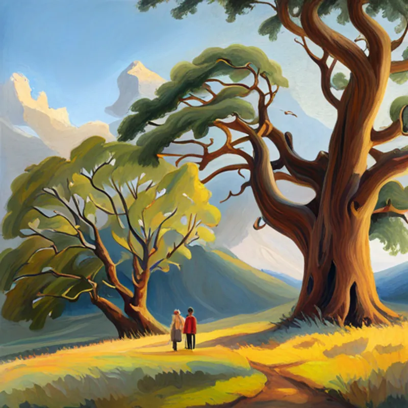 Hoxie and Bennett holding the map, looking at a giant oak tree