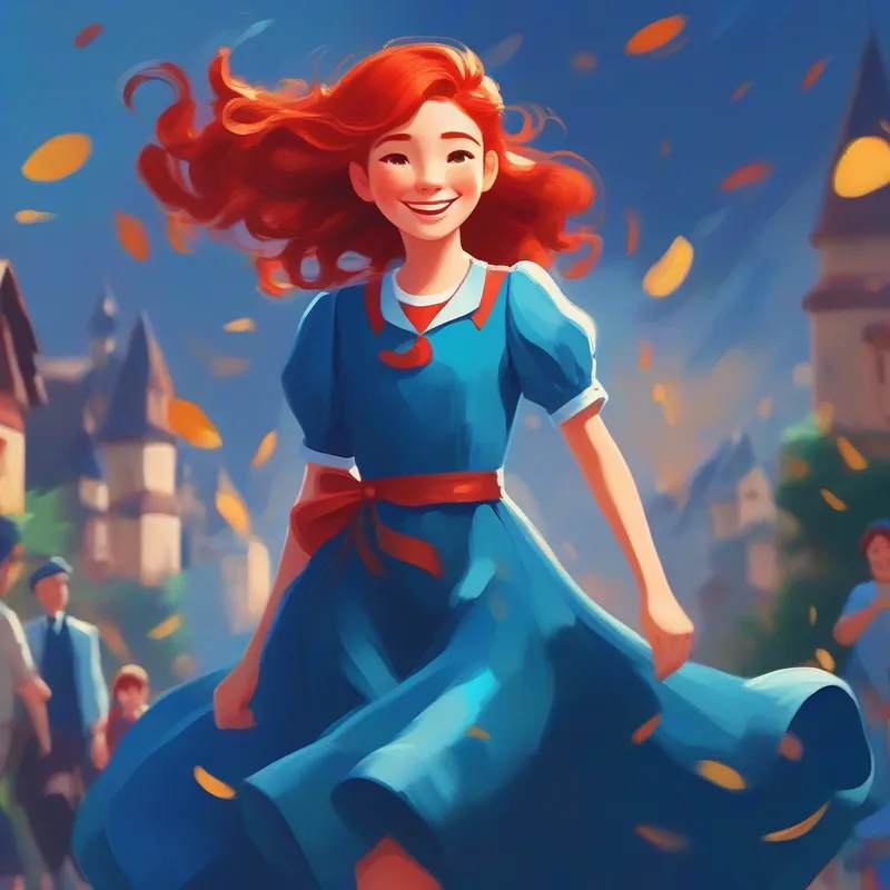 Red-haired girl with blue dress and a big smile.