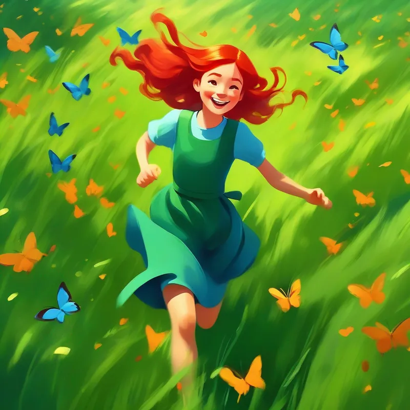 Red-haired girl with blue dress and a big smile. running through a green meadow with butterflies around.