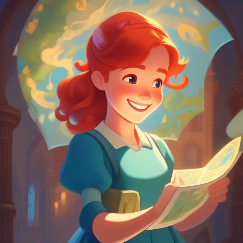 Red-haired girl with blue dress and a big smile. holding a rolled-up map with a glowing enchanted aura.