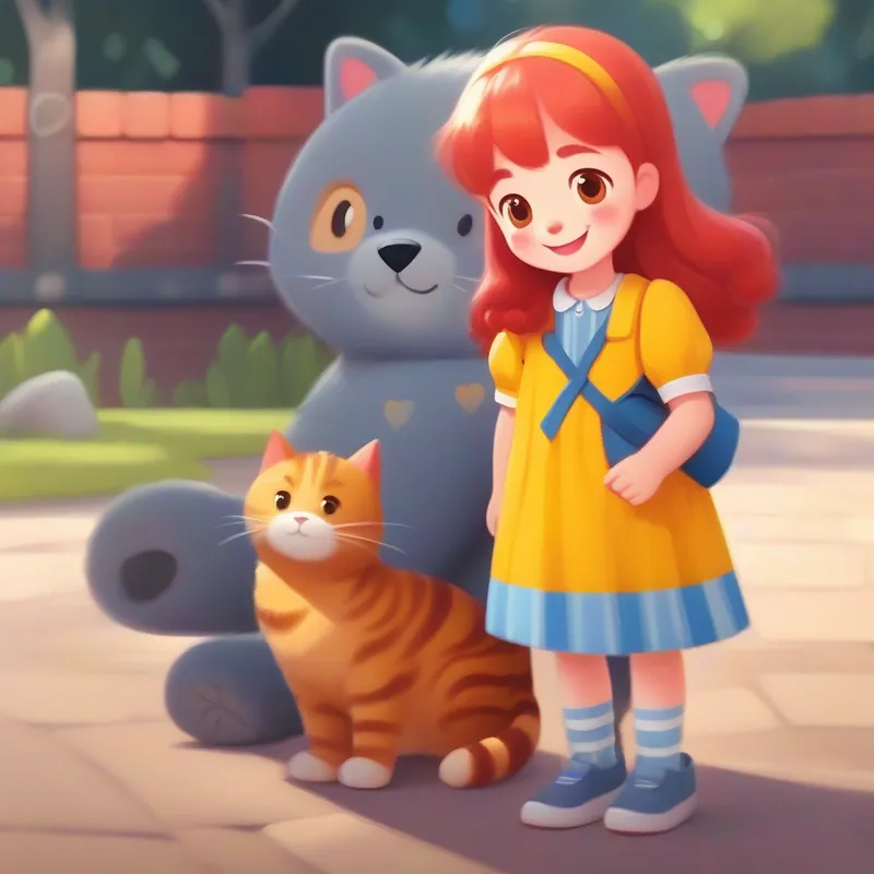 Red-haired girl with blue dress and a big smile. with a yellow teddy bear and a grey striped cat.
