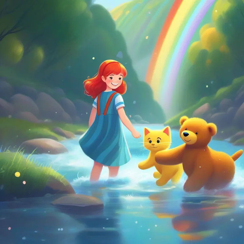 Red-haired girl with blue dress and a big smile., Yellow teddy bear with a friendly expression., and Grey striped cat with sparkling eyes. crossing a flowing river with a rainbow above.