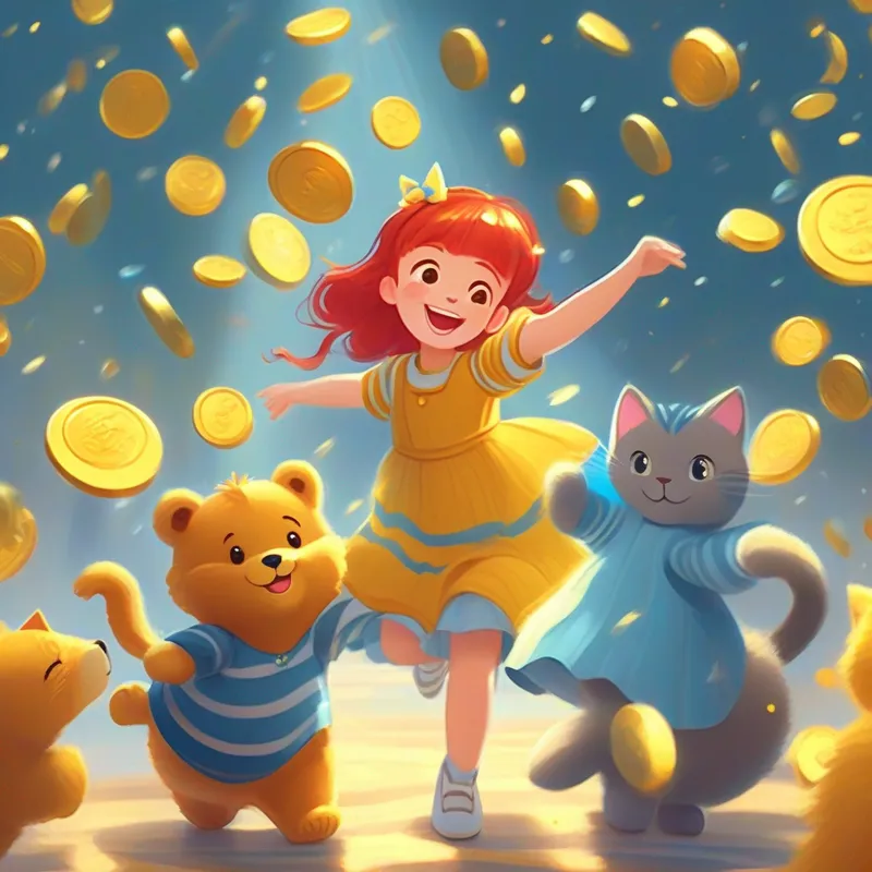 Red-haired girl with blue dress and a big smile., Yellow teddy bear with a friendly expression., and Grey striped cat with sparkling eyes. dancing with golden coins raining down.