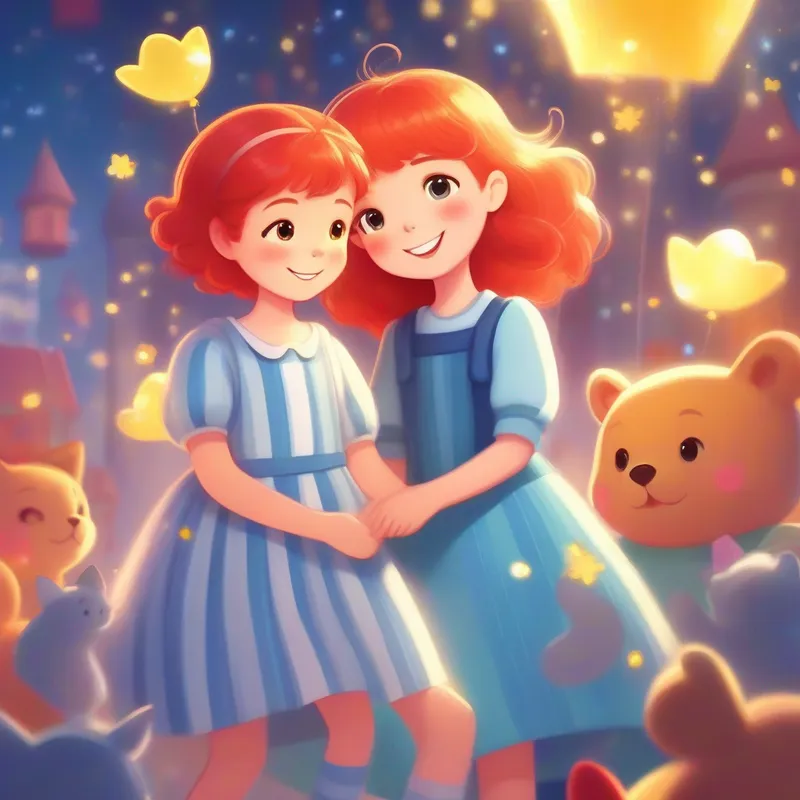 Red-haired girl with blue dress and a big smile., Yellow teddy bear with a friendly expression., and Grey striped cat with sparkling eyes. envisioning their dreams with sparkles in the air.